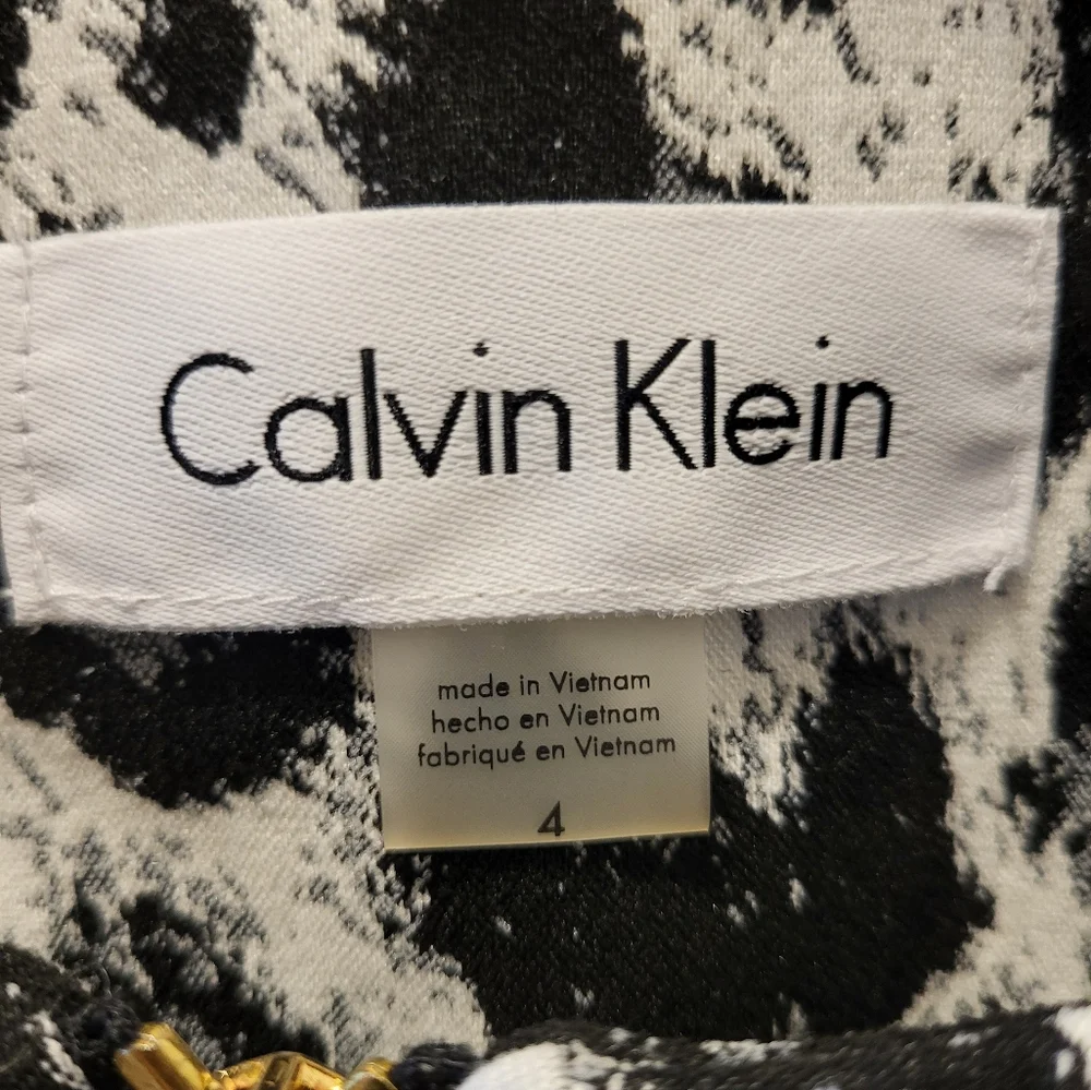 Calvin Klein Women's Black White Leopard Print Golden Zip Pocket Jacket, Size 4